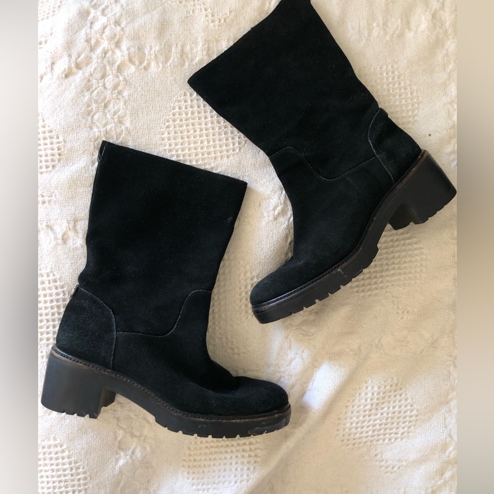 Michael Kors Black Suede Mid-Calf Chunky Heel Boots